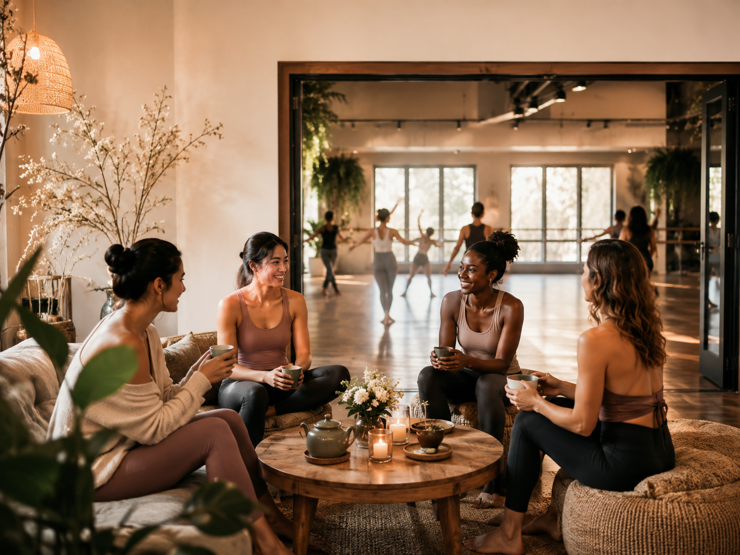 Warm wellness lounge connected to a dance yoga studio